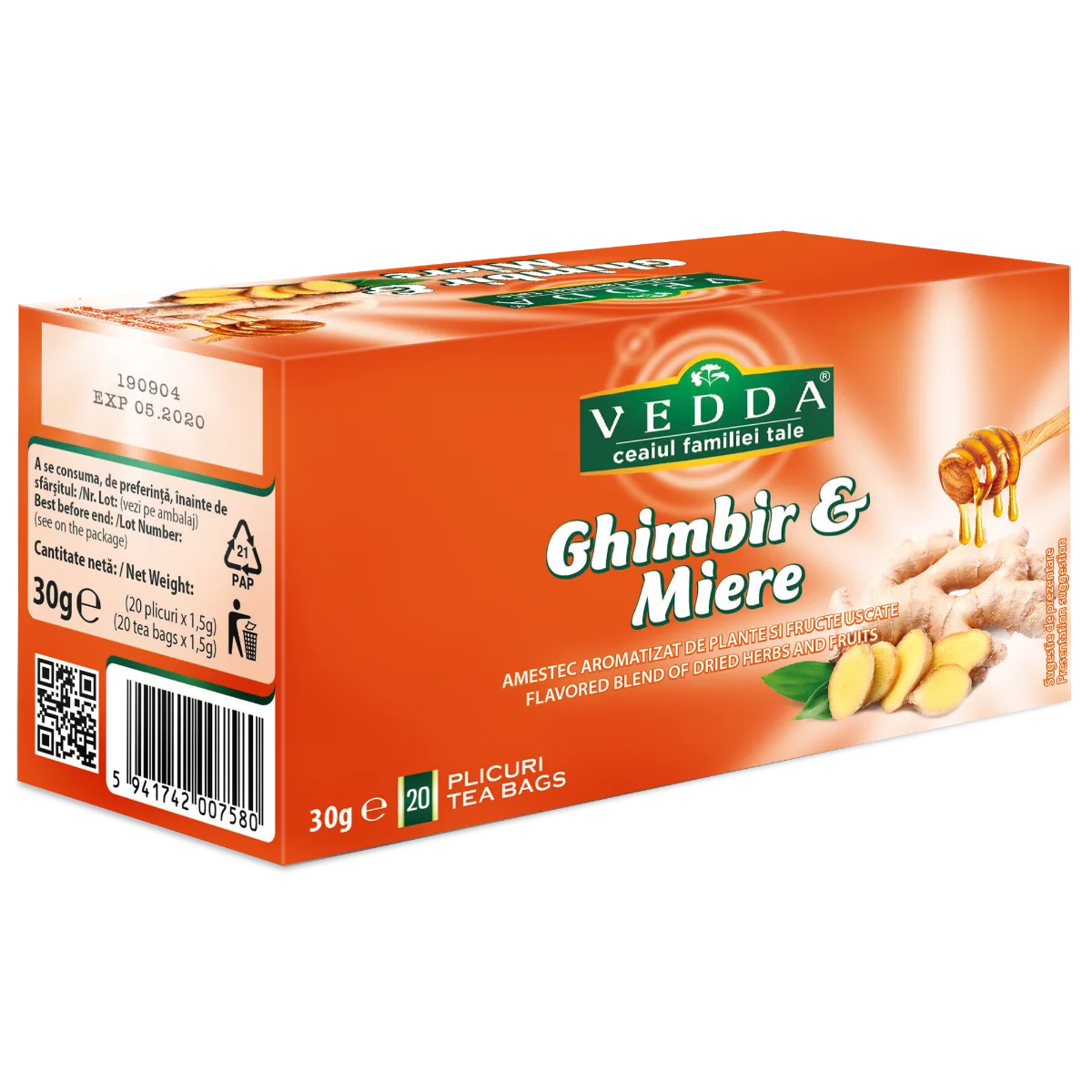 Ceai de ghimbir si miere, 20 plicuri, Vedda
