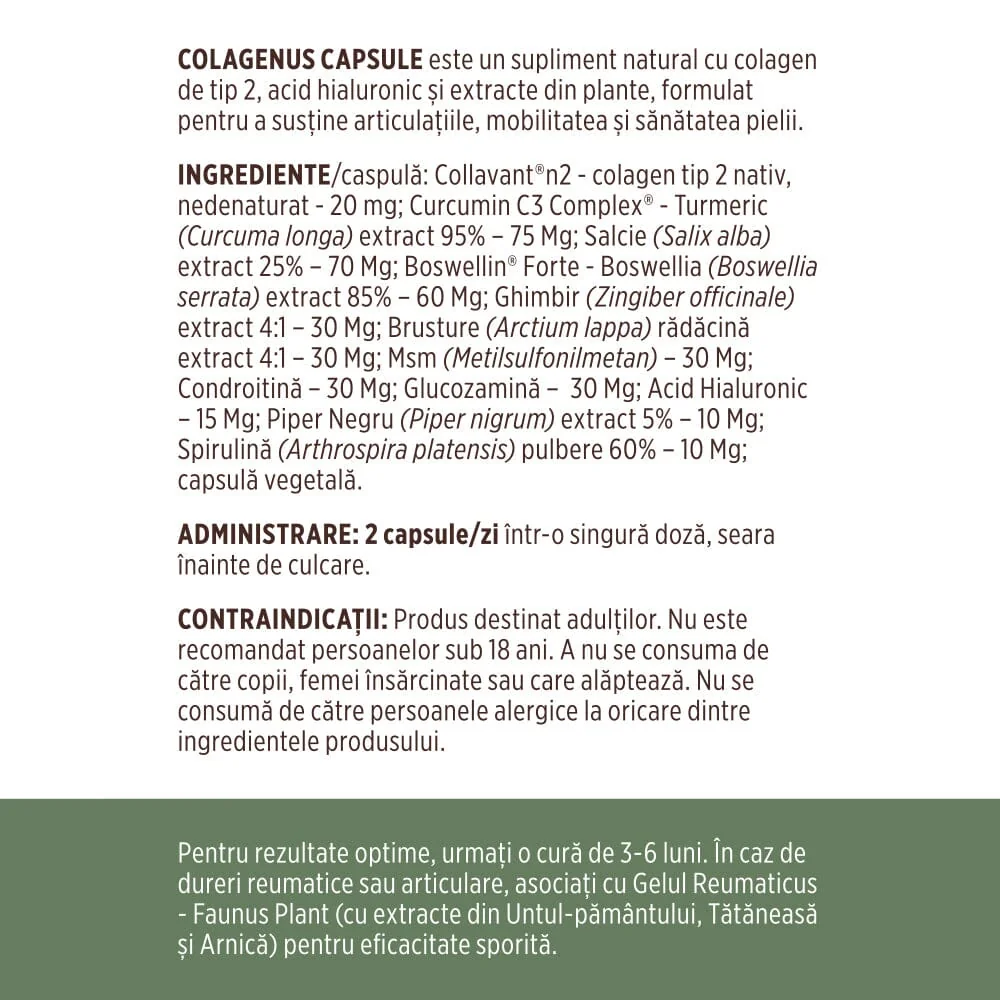 Colagen tip II pentru articulatii oase piele par Colagenus, 60 capsule, Faunus Plant