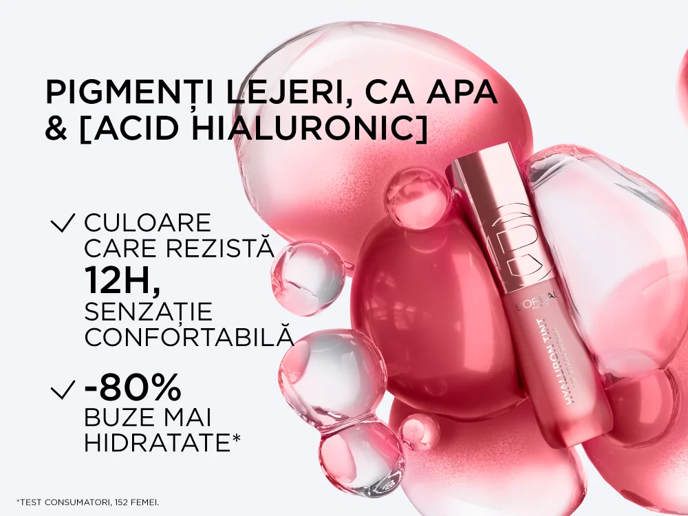 Ambalaj Hyaluron Tint 601 Worth It, L’Oreal Paris, prezentat cu pigmenti lejeri si acid hialuronic, pentru culoare rezistenta si hidratarea buzelor.