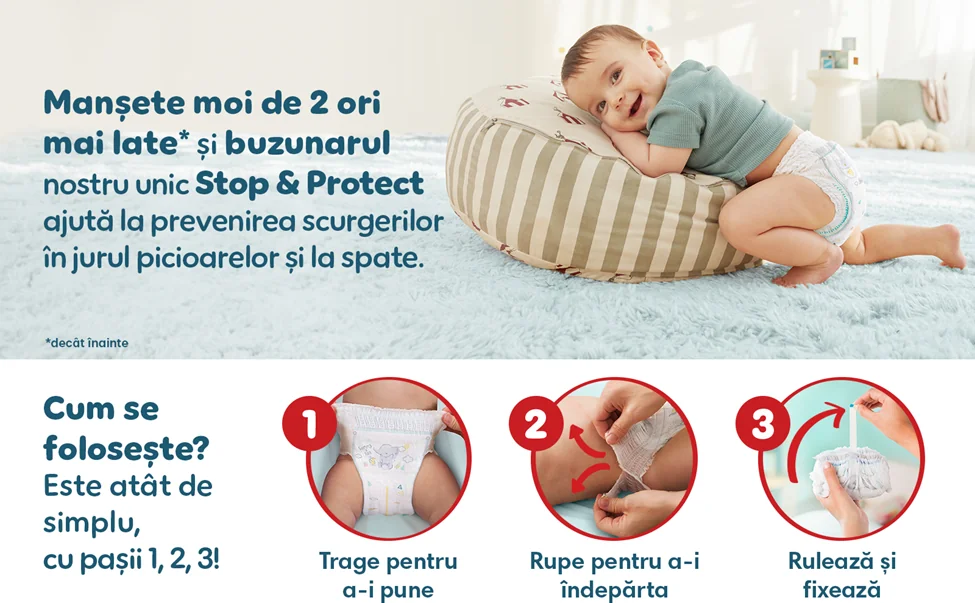 Scutece Pampers cu micropori pentru absorbtie rapida si buzunar Stop & Protect pentru prevenirea scurgerilor la spate. Scutece Pampers cu micropori pentru absorbtie rapida si buzunar Stop & Protect pentru prevenirea scurgerilor la spate.