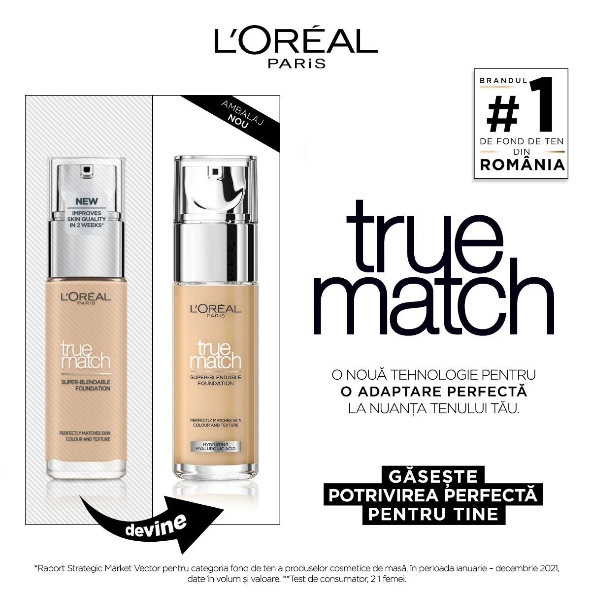 Fond de ten infuzat cu acid hialuronic True Match 2N Neutral, 30ml, L'Oreal Paris