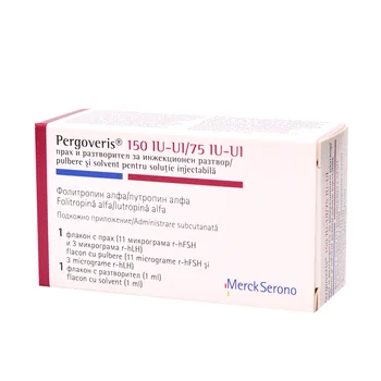 Pergoveris 150UI/75UI Follitropinum Alfa + Lutropinum Alfa, 1 flacon pulbere + 1 flacon solvent, Merck