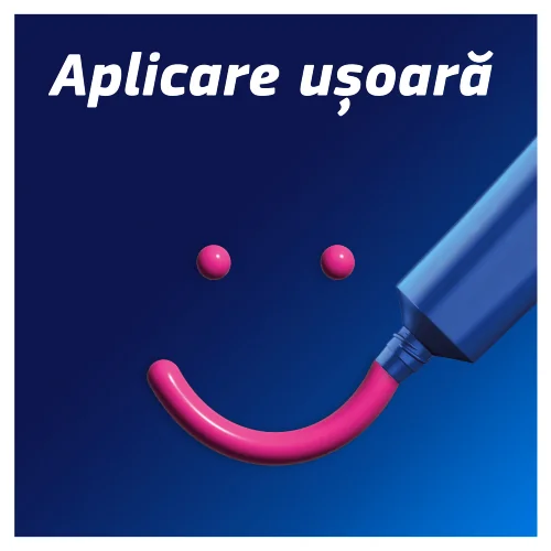 Tub de Fixodent cu gel roz iesind si formand un zambet stilizat pe fundal albastru. Tub de Fixodent cu gel roz iesind si formand un zambet stilizat pe fundal albastru.