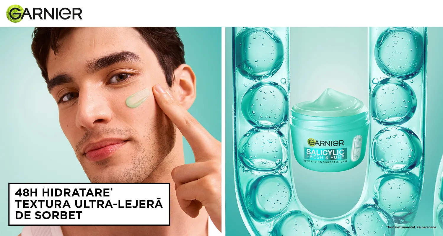 Crema Garnier Salicylic Fresh & Pure cu textura usoara de sorbet pentru hidratare timp de 48 de ore. Crema Garnier Salicylic Fresh & Pure cu textura usoara de sorbet pentru hidratare timp de 48 de ore.