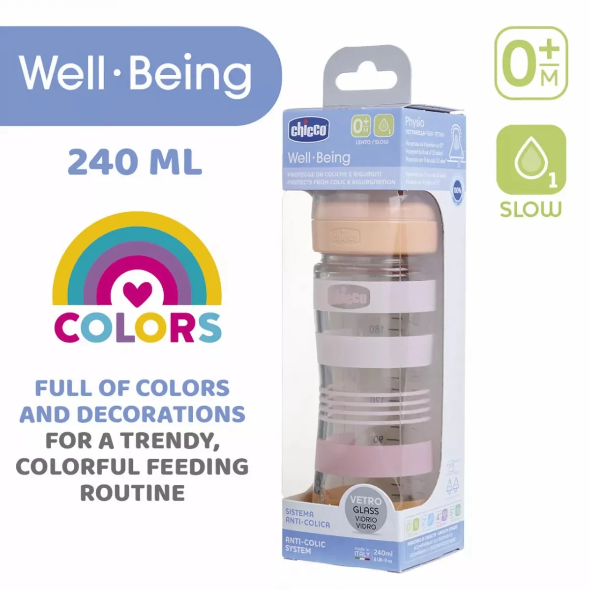 Biberon din sticla cu tetina WellBeing 0 luni+, 240ml, Chicco