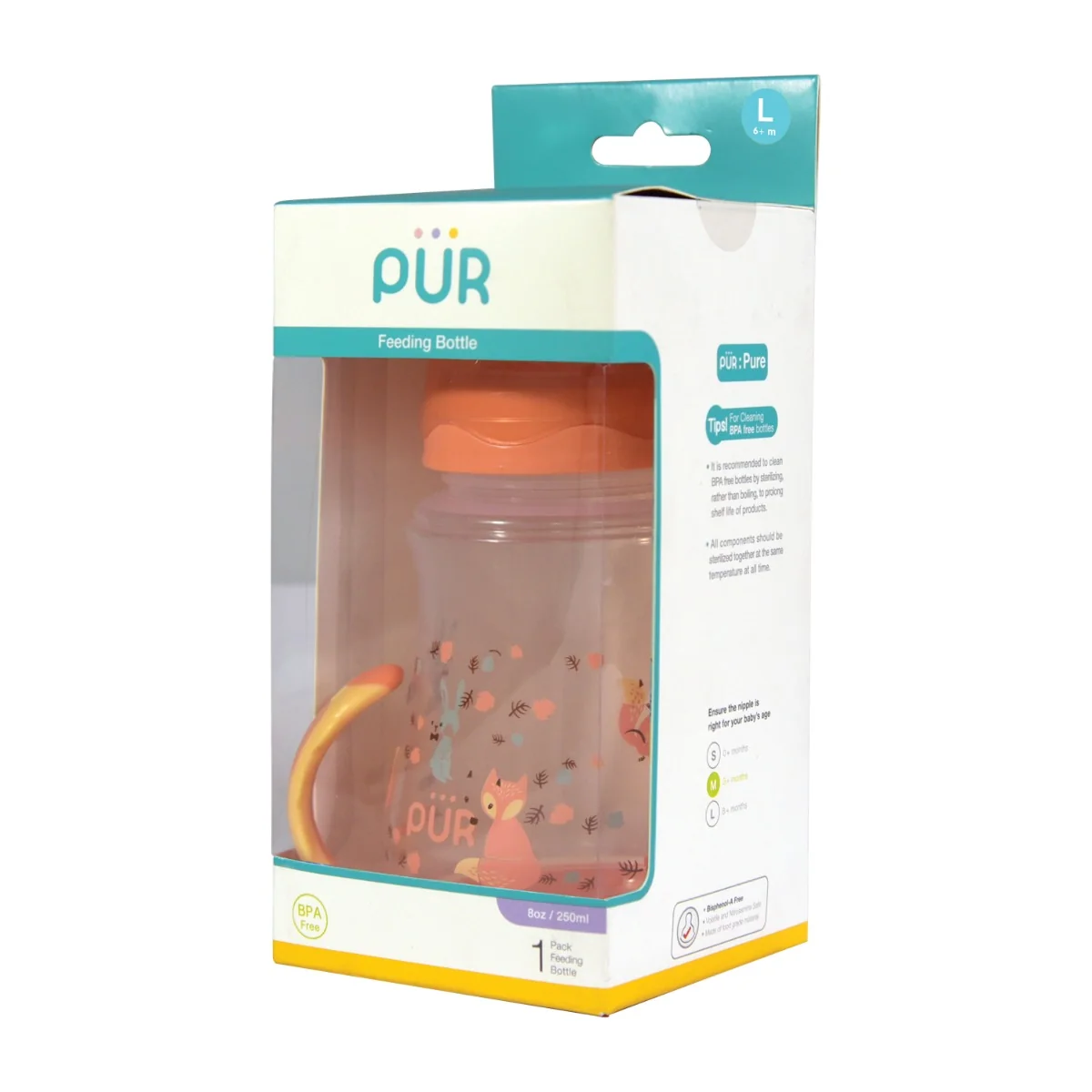 Biberon cu gura larga desen si manere +6luni, 250ml, PUR