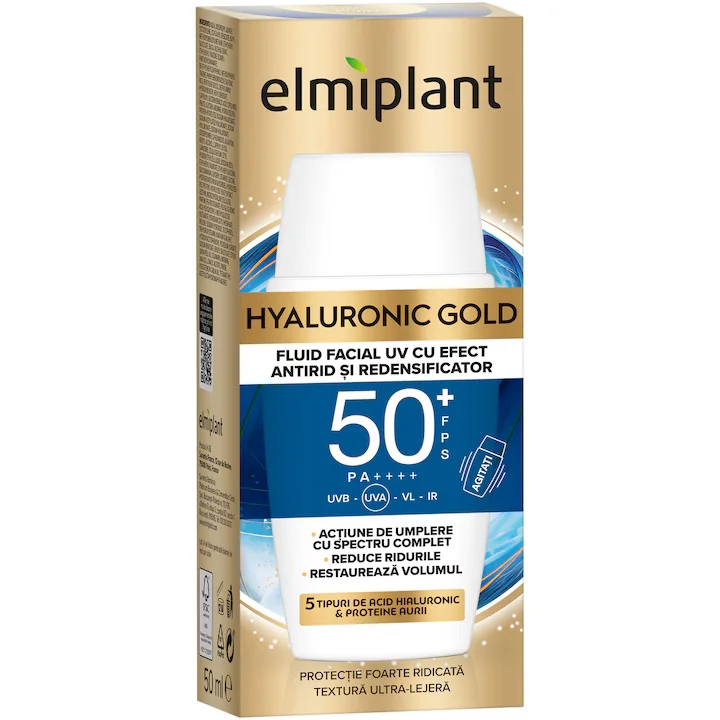 Fluid facial cu efect antirid SPF50+ Hyaluronic Gold, 50ml, Elmiplant