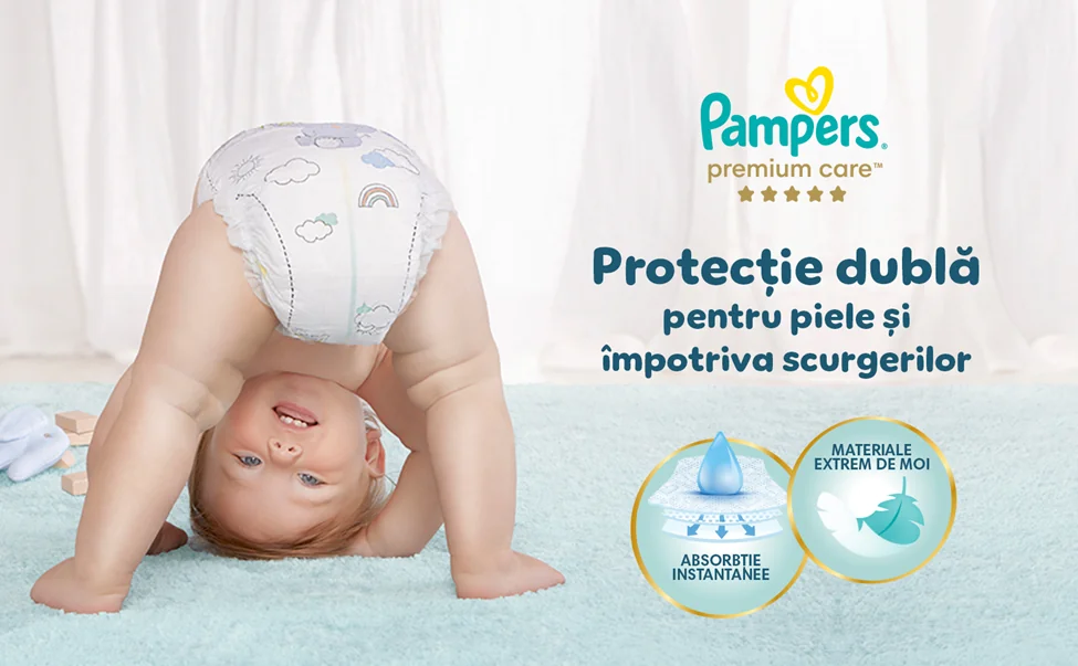 Scutece cu protectie dubla impotriva scurgerilor si materiale extrem de moi pentru pielea bebelusului.