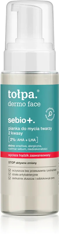 Spuma de curatare pentru ten gras si acneic cu AHA + LHA Dermo Face Sebio+, 150ml, Tołpa