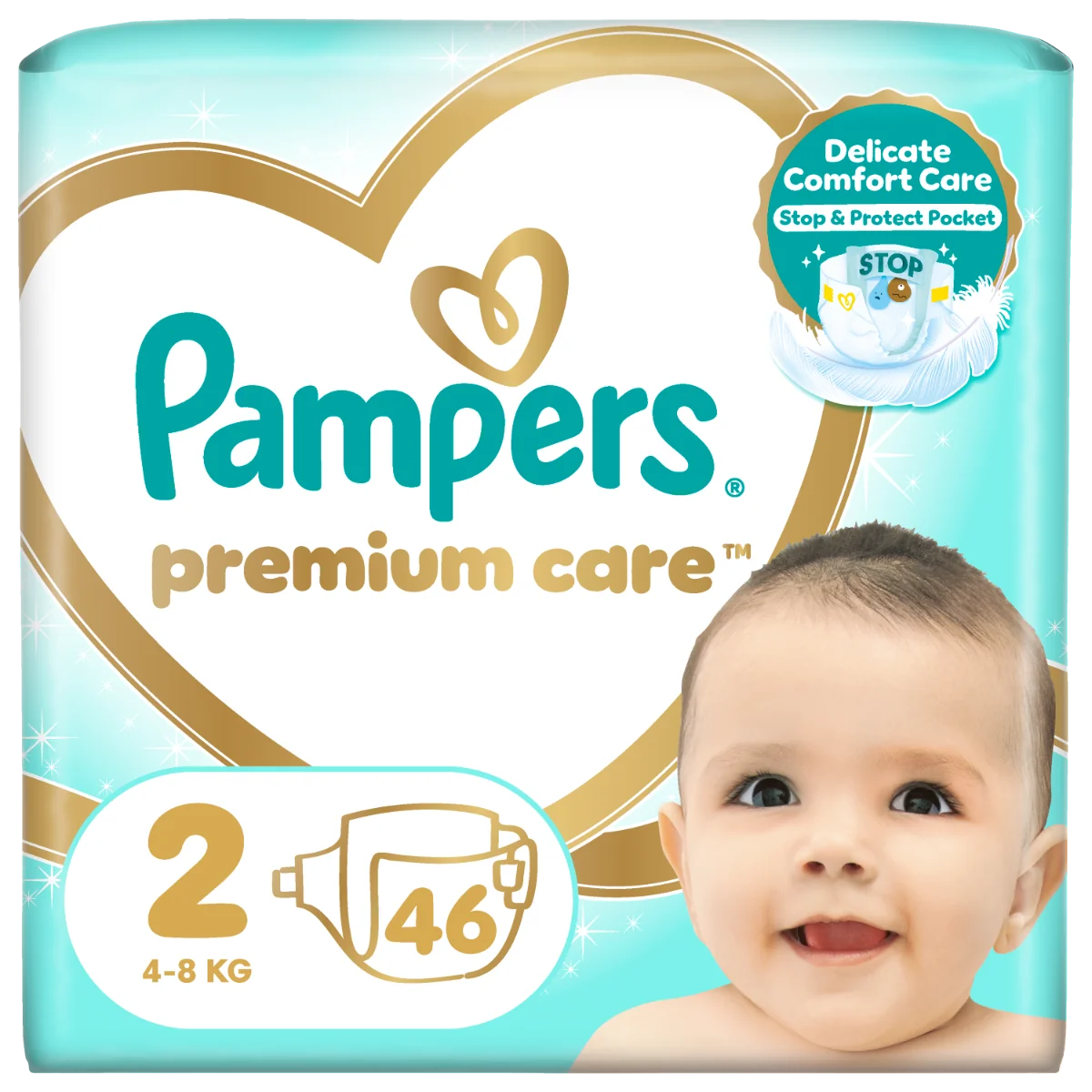 Scutece Premium Care Nr.2 pentru 4-8 kg, 46 bucati, Pampers