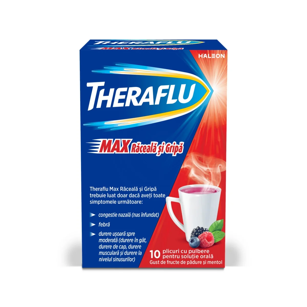 Theraflu Max Raceala si Gripa cu aroma de fructe de padure si mentol, 10 plicuri, Haleon