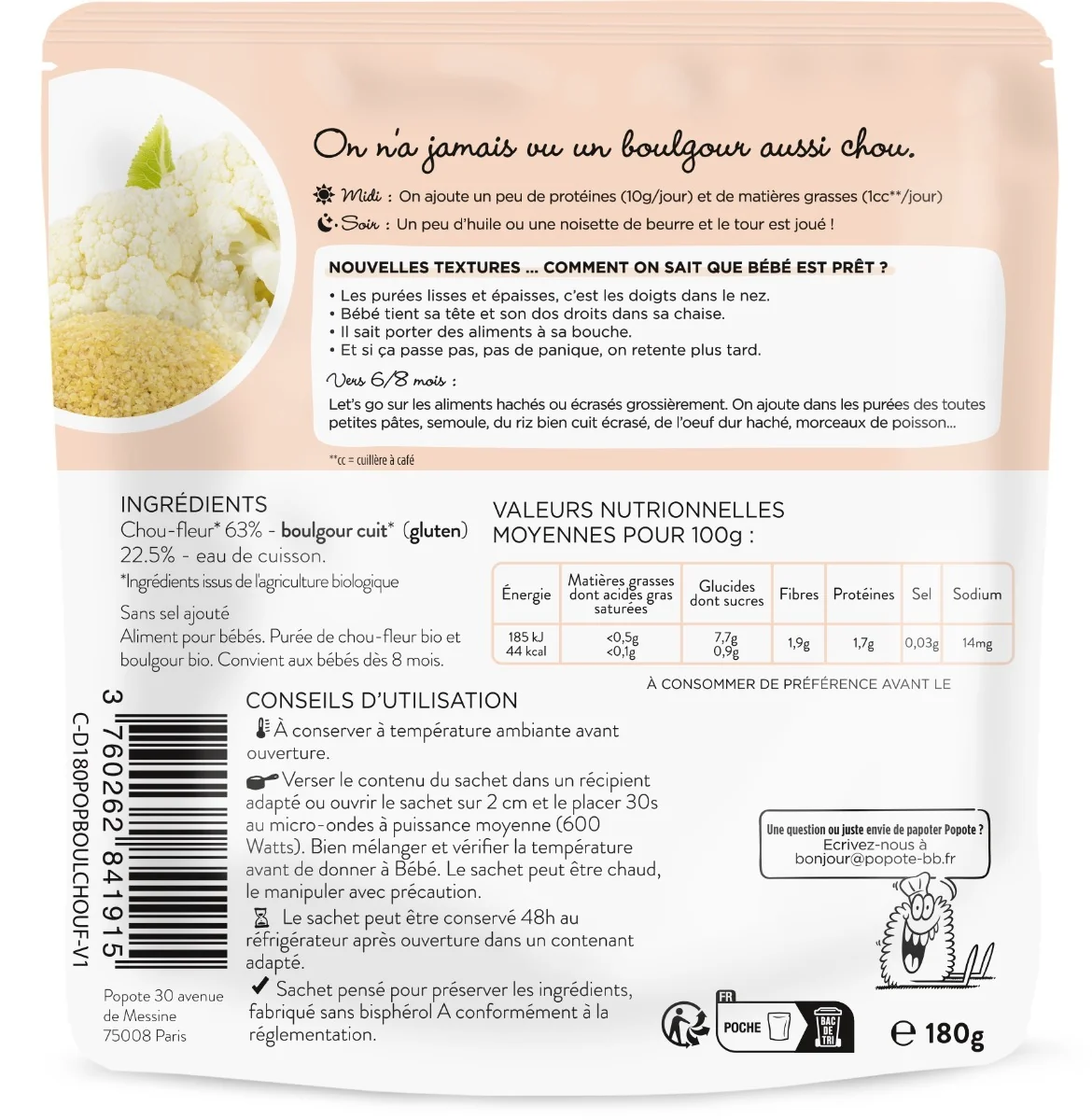Mancare cu conopida si bulgur 8 luni+ Bio, 180g, Popote