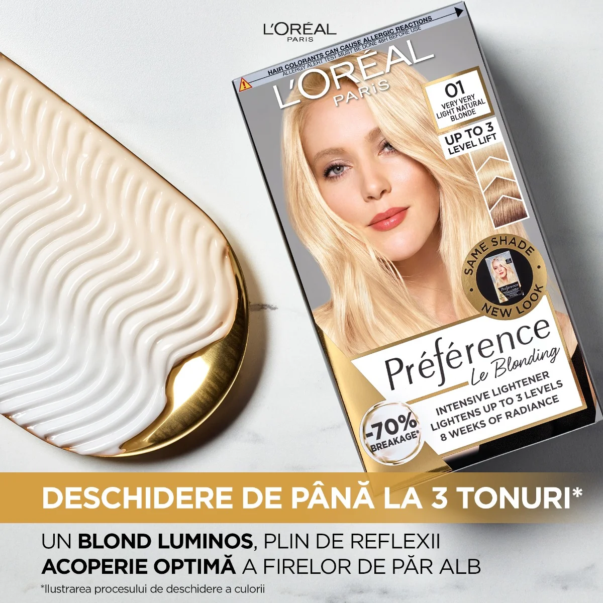 Vopsea de par permanenta cu amoniac Preference Le Blonding 01 Blond Natural foarte deschis, 178ml, L'Oreal Paris