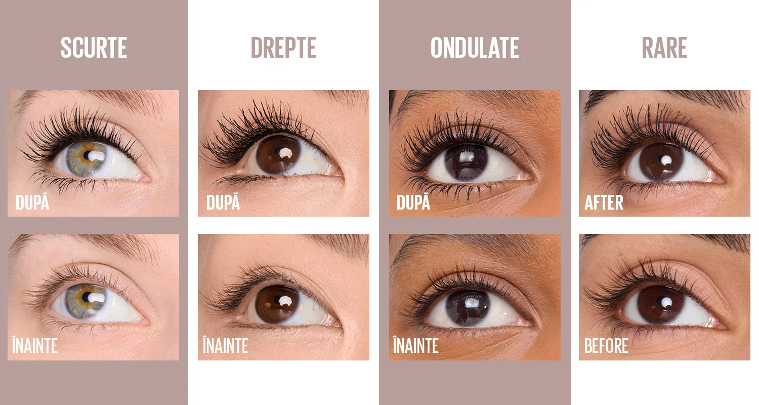 Rezultate mascara pe gene scurte, drepte, ondulate si rare, comparatie inainte si dupa. Rezultate mascara pe gene scurte, drepte, ondulate si rare, comparatie inainte si dupa.