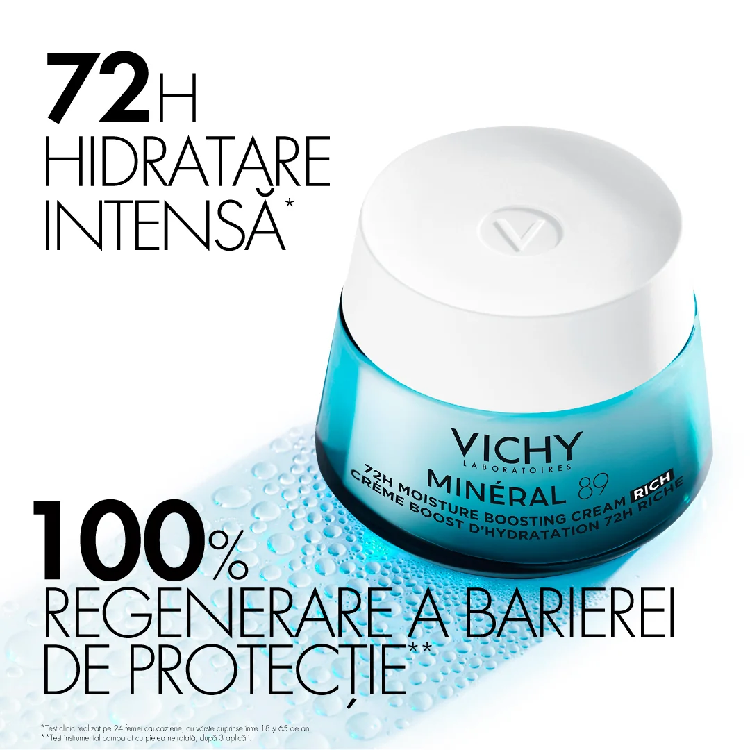 Crema intens hidratanta 72h cu acid hialuronic si niacinamida pentru ten uscat Mineral 89, 50ml, Vichy