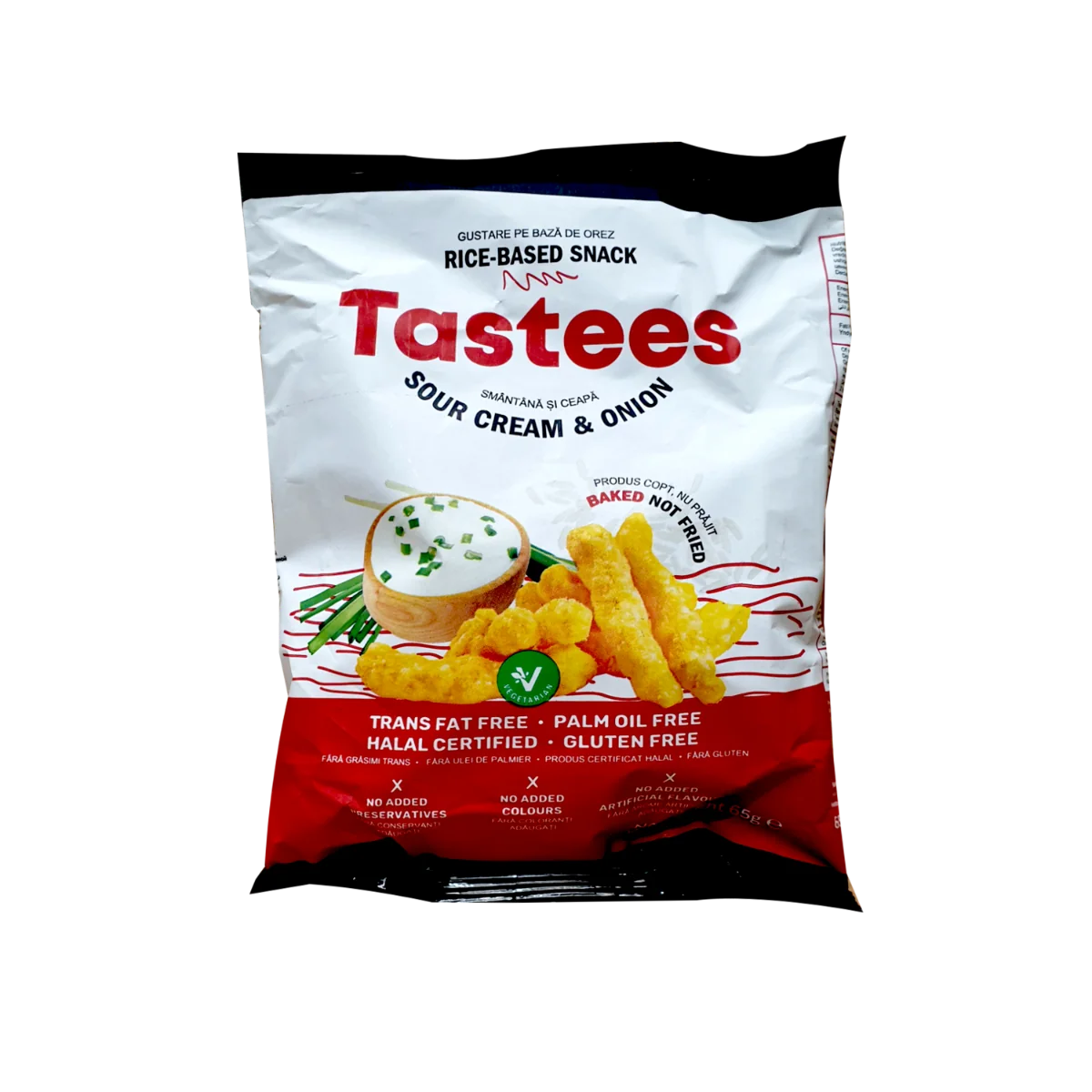Snack din orez cu aroma de smantana si ceapa, 65g, Tastees