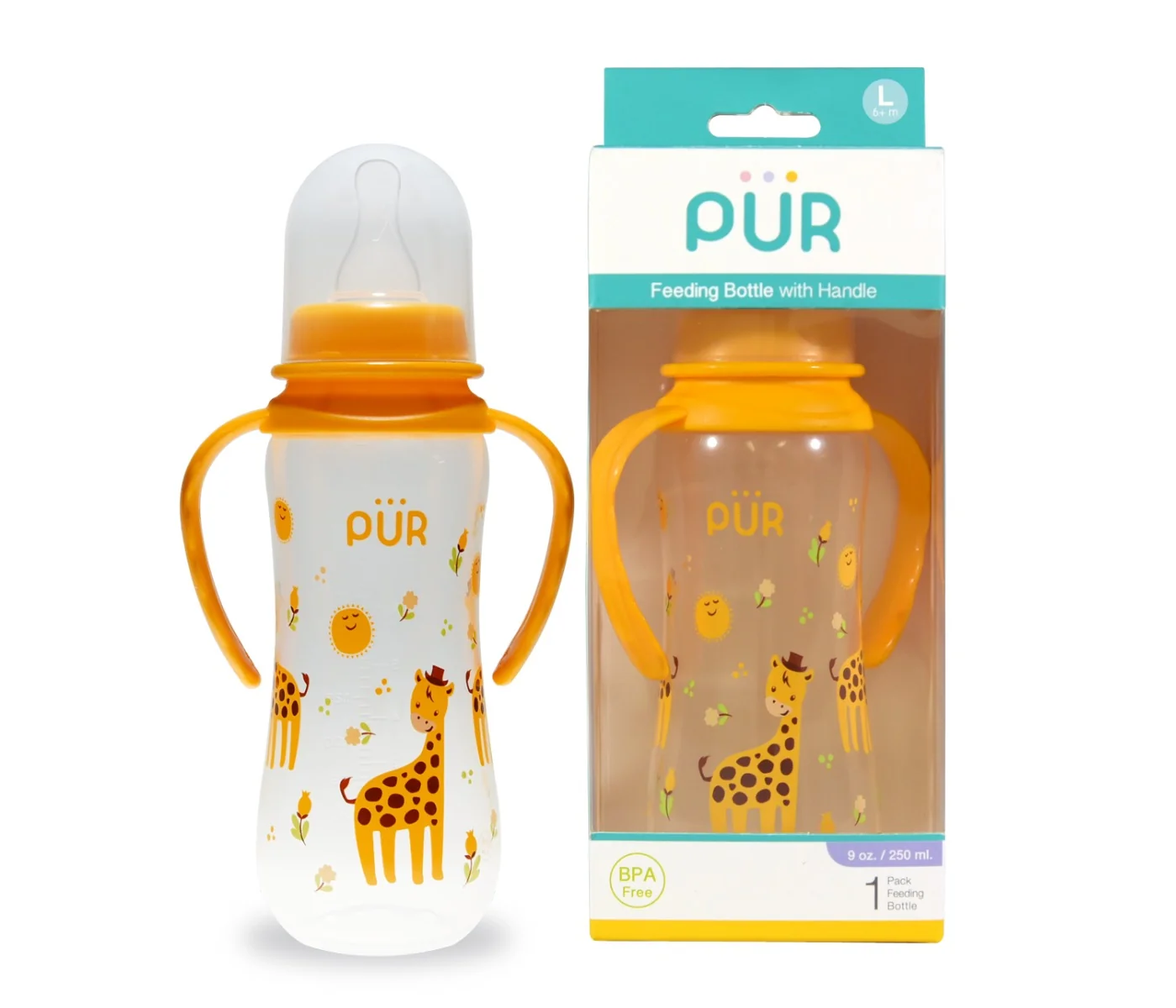 Biberon cu desen si manere galben +6 luni, 250ml, PUR