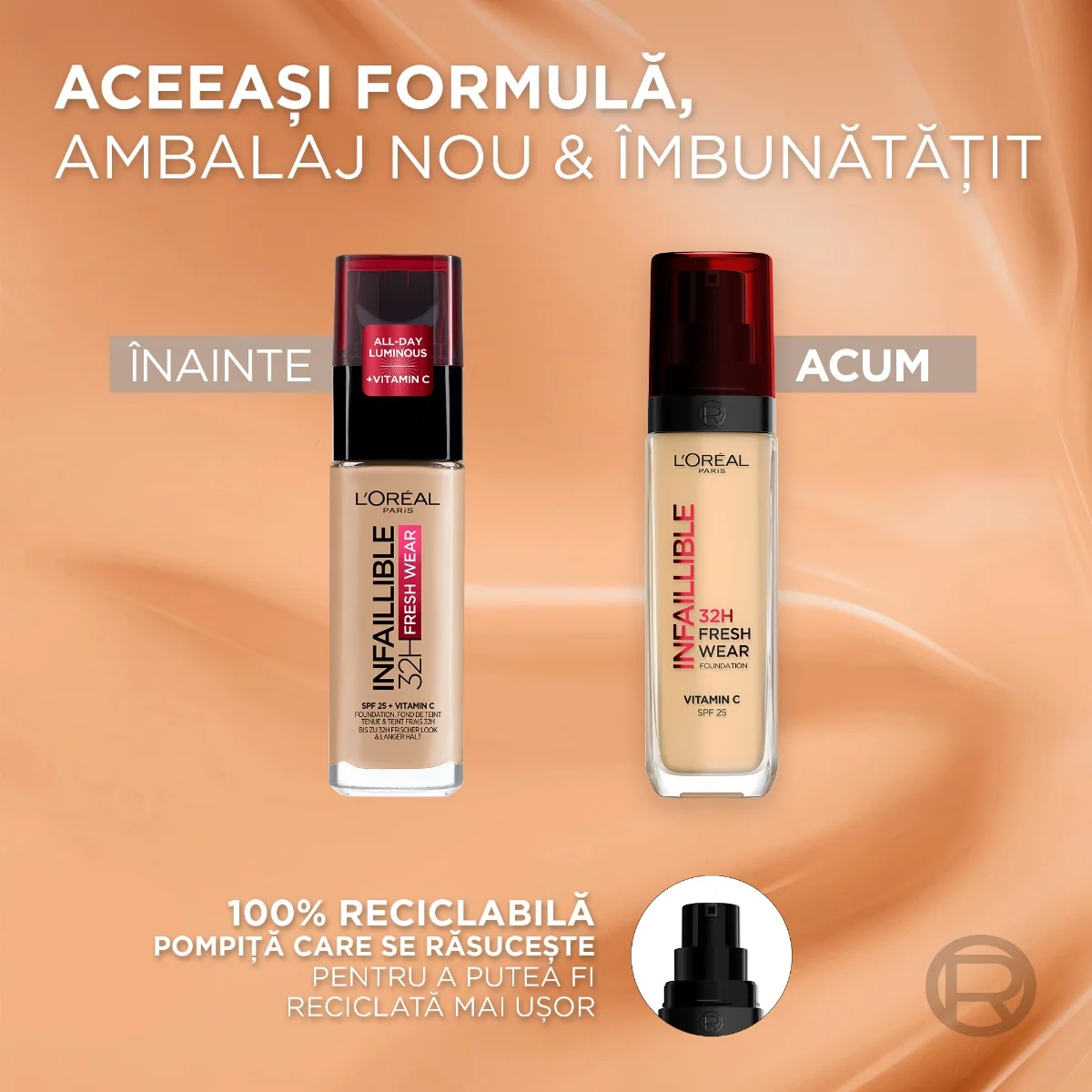 Fond de ten rezistent la transfer Infaillible 32H Fresh Wear 125 Cald, 30ml, L'Oreal Paris