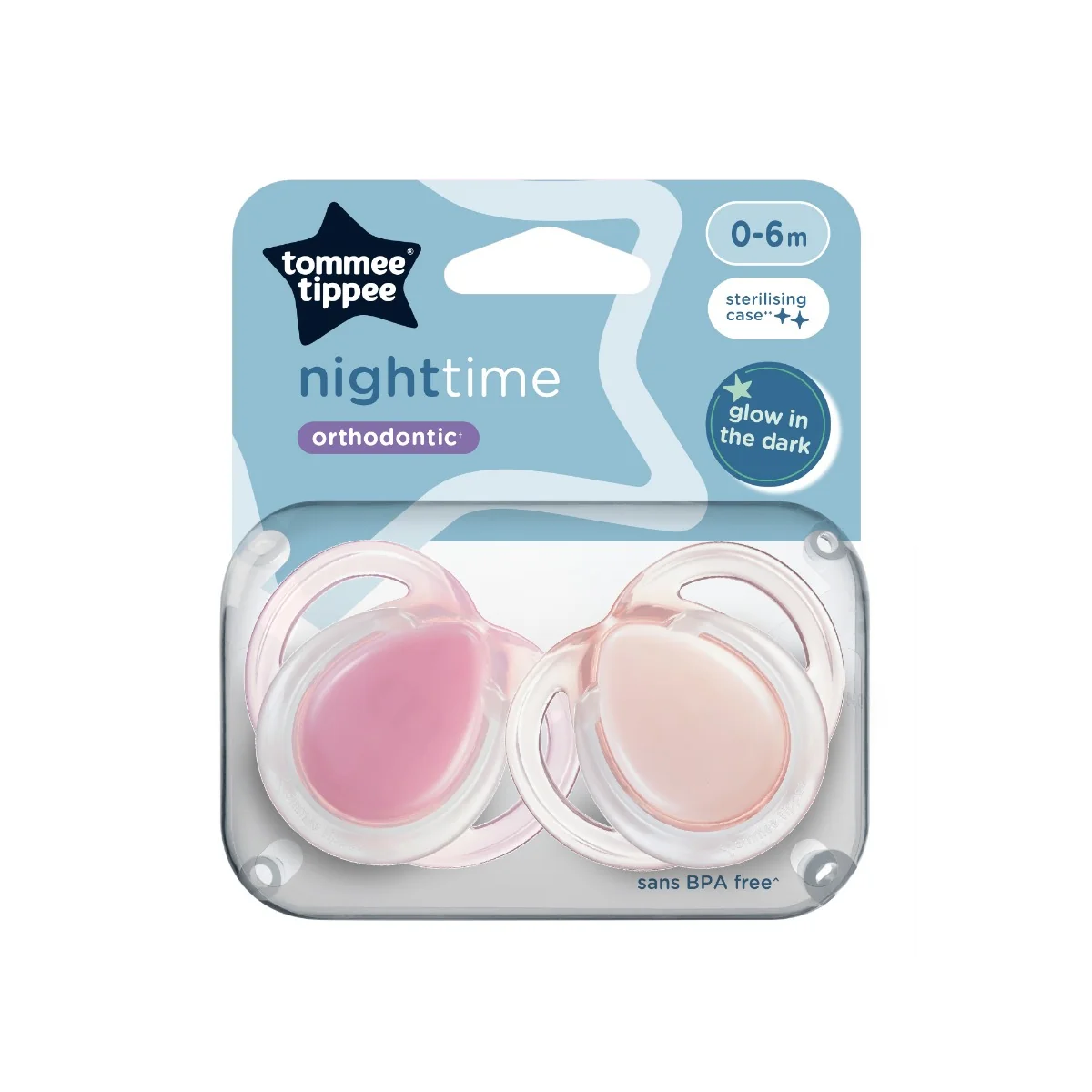 Suzeta ortodontica de noapte care lumineaza in intuneric pentru 0-6 luni Transparent/Roz, 2 bucati, Tommee Tippee