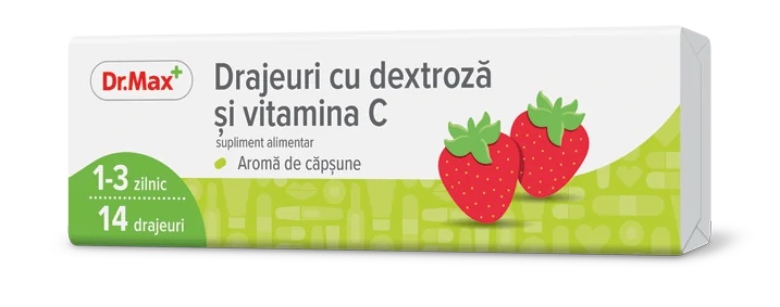 Dr. Max Drajeuri cu dextroza si vitamina C cu aroma de capsune, 14 drajeuri