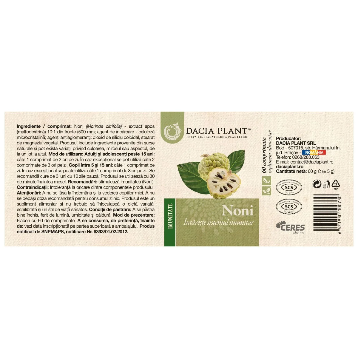 Noni, 60 comprimate, Dacia Plant