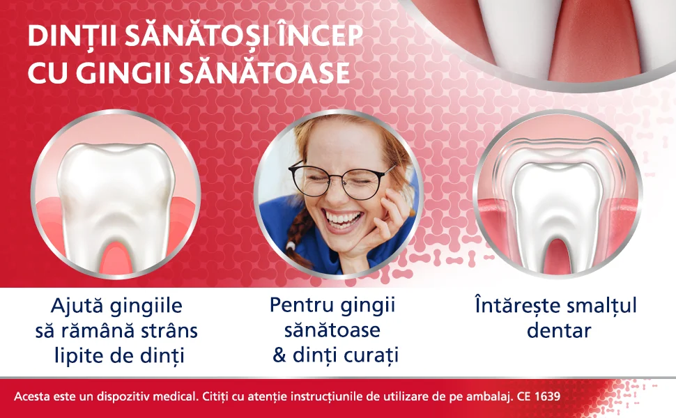Text Dintii sanatosi incep cu gingii sanatoase; o femeie care zambeste Text Dintii sanatosi incep cu gingii sanatoase; o femeie care zambeste