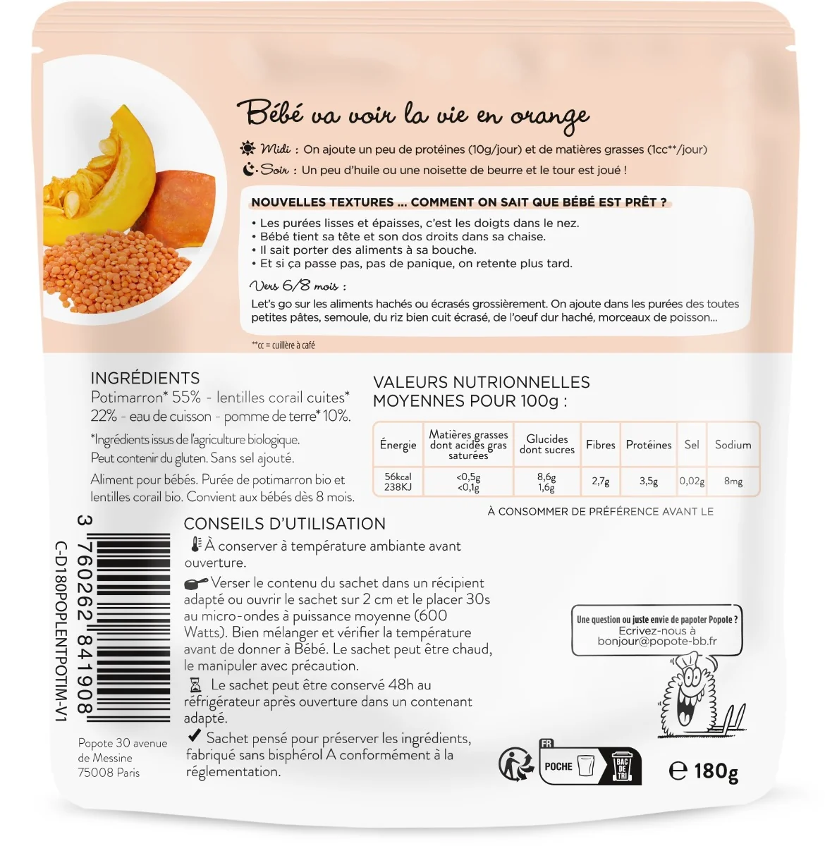 Mancare cu dovleac si linte rosie 8 luni+ Bio, 180g, Popote