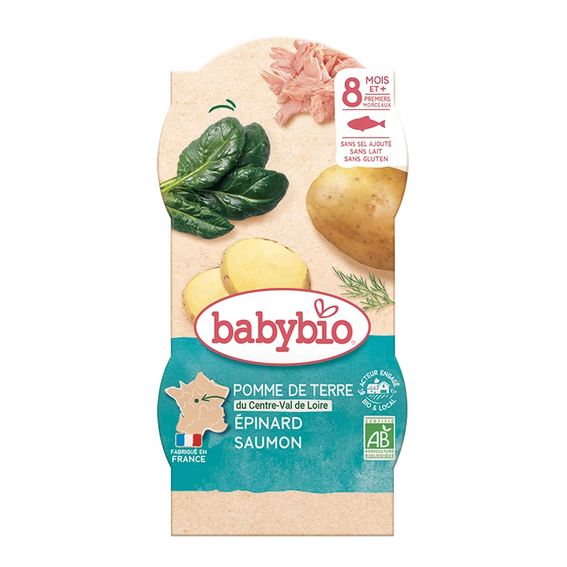 Meniu cu spanac, cartofi si somon 8+ luni, 2 x 200g, BabyBio