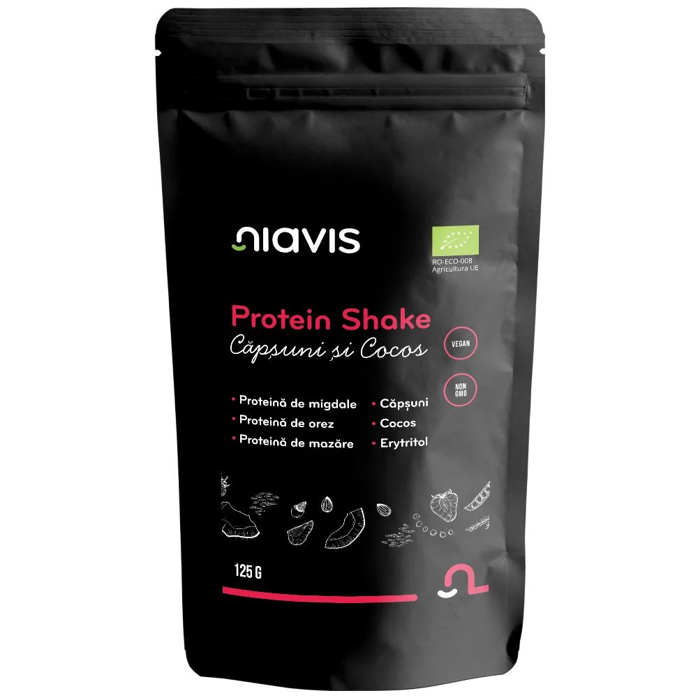 Protein shake ecologic cu capsune si cocos, 125g, Niavis