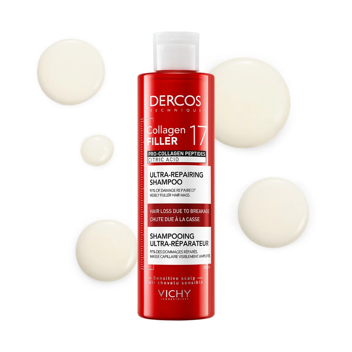 Sampon ultra-reparator pentru par deteriorat si fragil Dercos Collagen 17 Filler, 200ml, Vichy