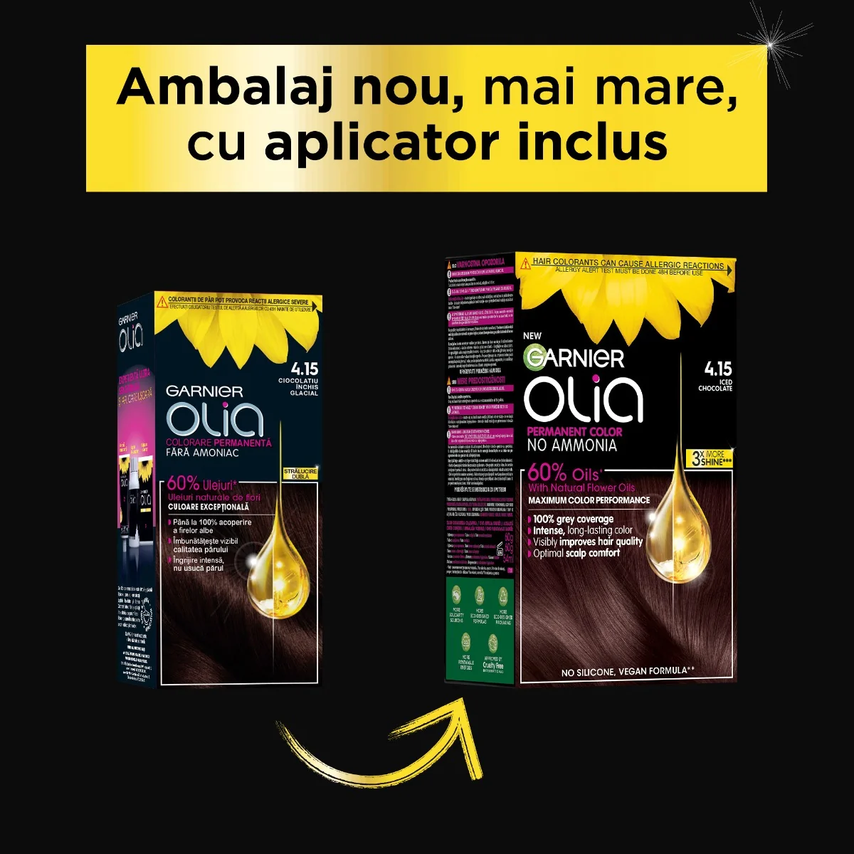 Vopsea de par permanenta fara amoniac 4.15 Iced Chocolate Olia, 174ml, Garnier
