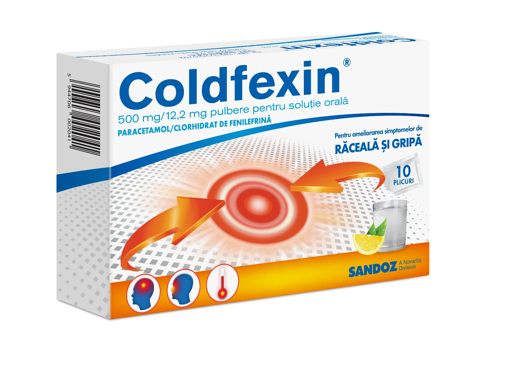 Coldfexin 500 mg/12.2 mg pulbere pentru solutie orala, 10 plicuri, Sandoz