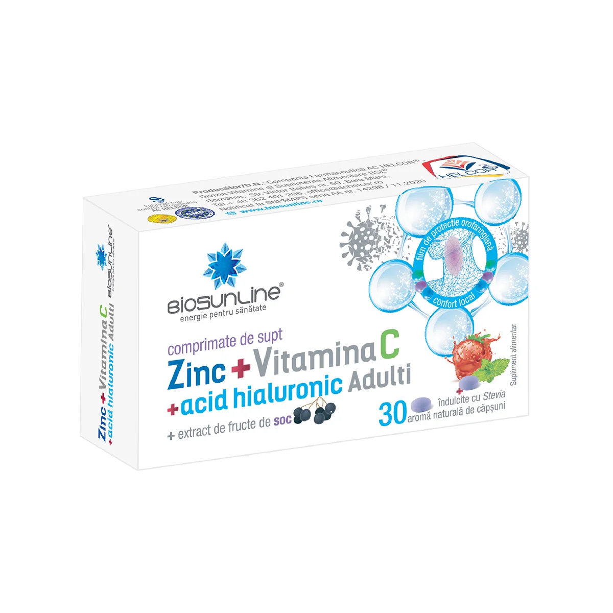 Zinc + Vitamina C + Acid Hialuronic pentru adulti, 30 comprimate de supt, BioSunLine