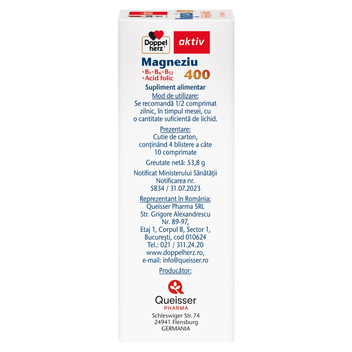 Magneziu 400 + B1 + B6 + B12 + Acid Folic, 30 + 10 comprimate, Doppelherz