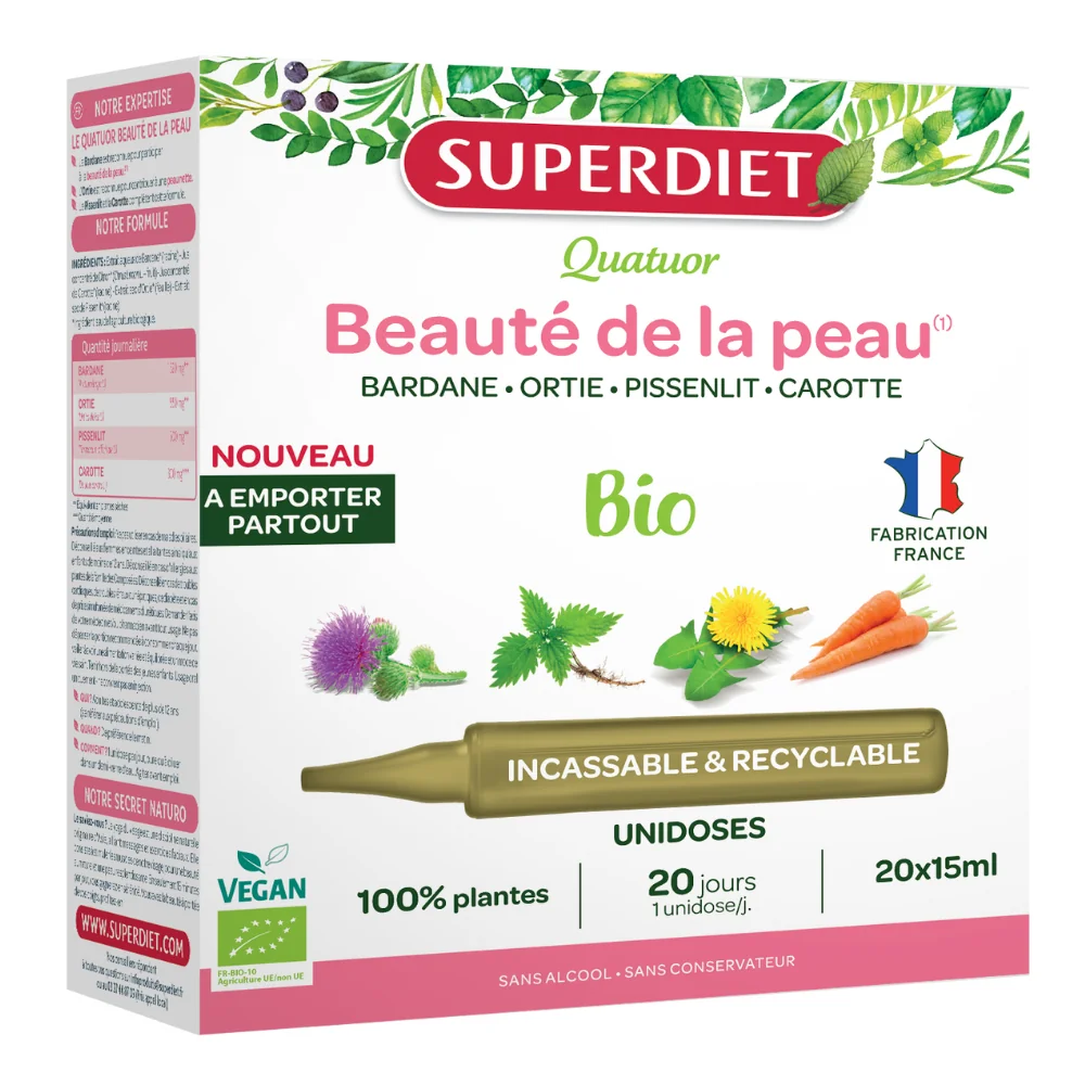 4 Plante pentru sanatatea pielii Bio, 15ml x 20 fiole reciclabile, Superdiet