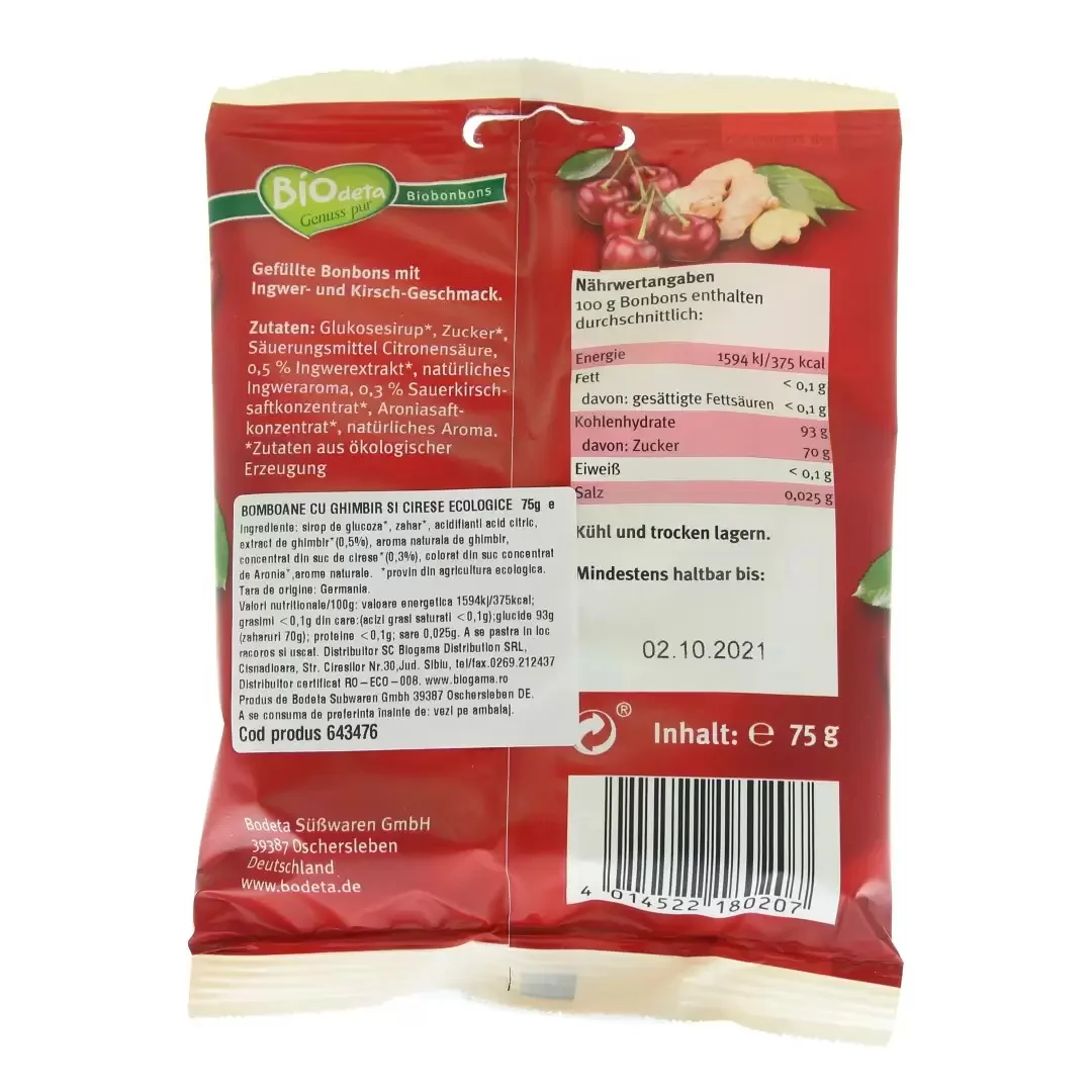 Bomboane cu ghimbir si cirese Eco, 75g, BIOdeta