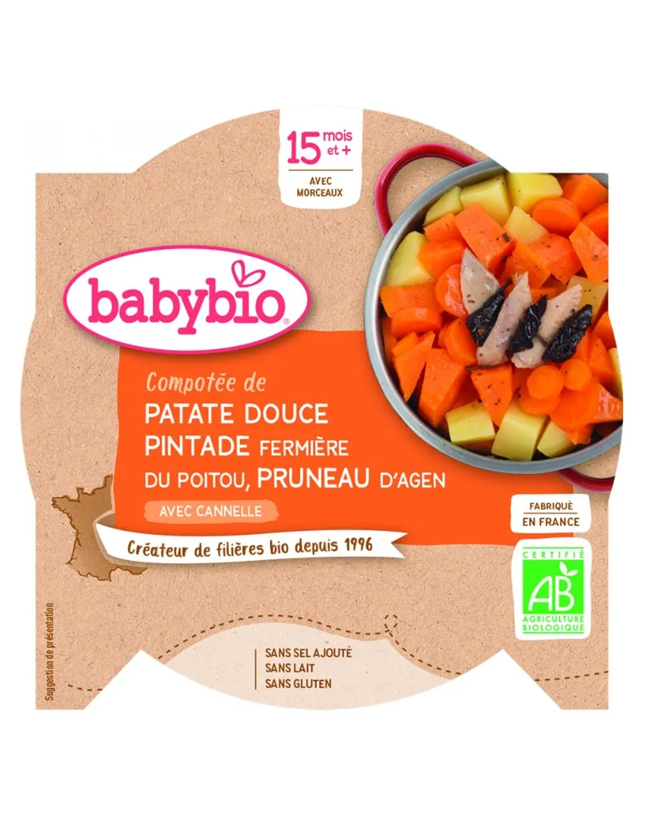 Meniu cartofi dulci cu pune uscate si carne de bibilica, 260g, BabyBio