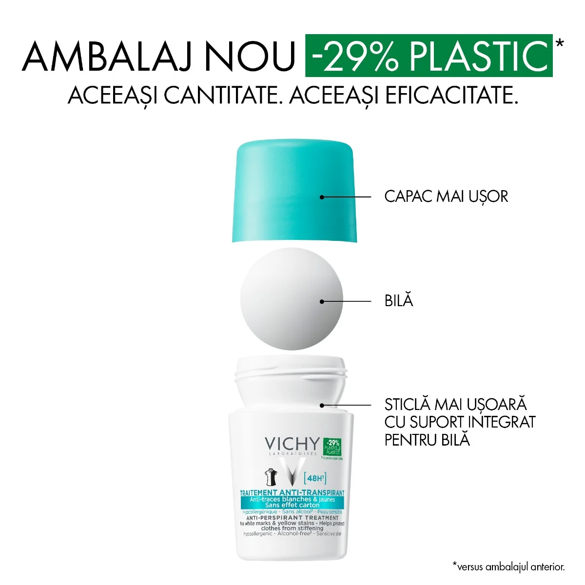 Deodorant roll-on antiperspirant anti-urme 48h, 50ml, Vichy