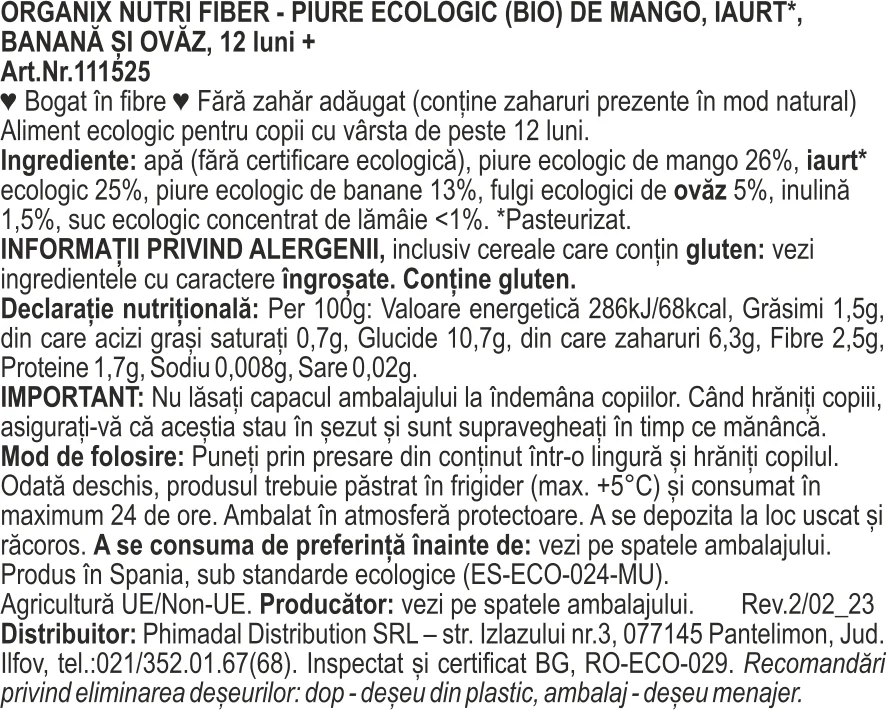 Piure eco nutrifiber cu iaurt, mango, banane si ovaz +12 luni, 100g, Organix