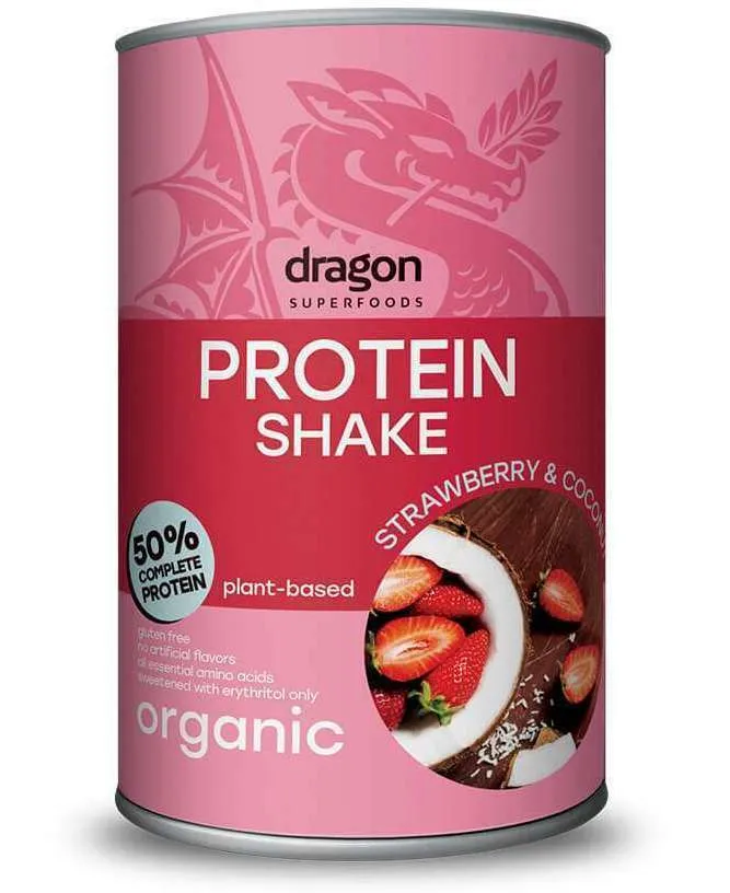 Shake proteic capsuni si cocos 50% proteine bio, 450g, Dragon Superfoods