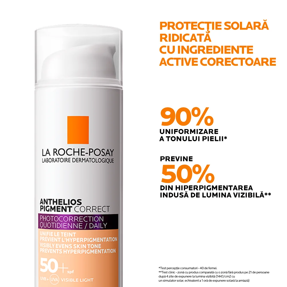 Pigment correct crema protectie solara SPF 50+ cu pigment de culoare pentru fata nuanta deschisa Anthelios, 50ml, La Roche-Posay
