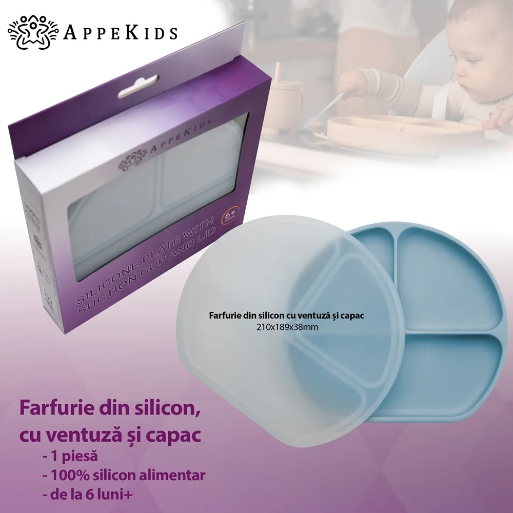 Farfurie compartimentata din silicon cu ventuza si capac Aqua Blue 6 luni+, 1 bucata, Appekids