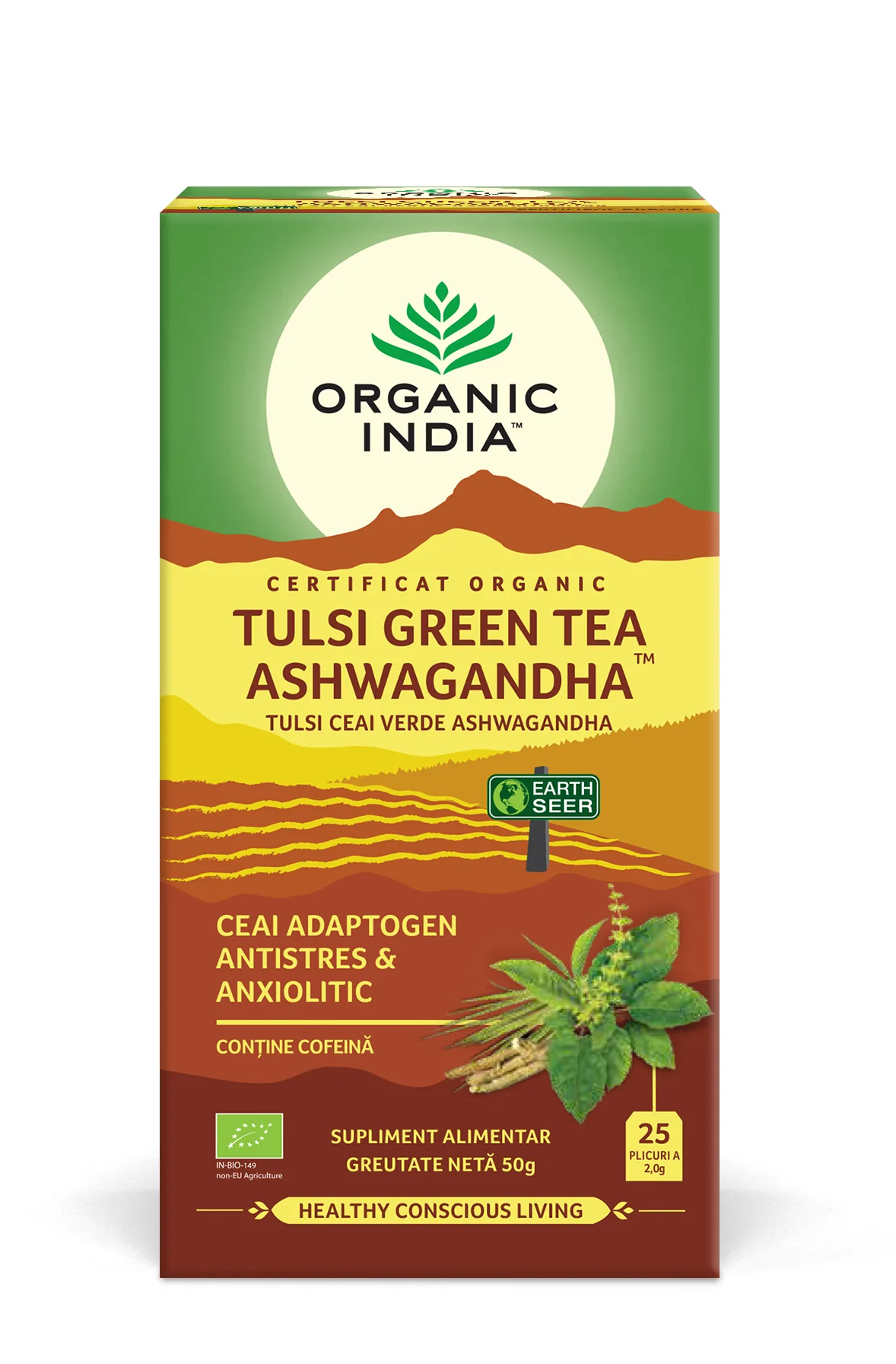 Ceai ashwagandha si ceai verde Tusli, 25 plicuri, Organic India
