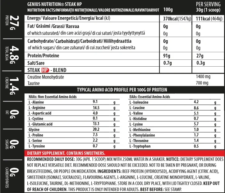Pudra proteica cu aroma de mar rosu Steak-HP, 750g, Genius Nutrition