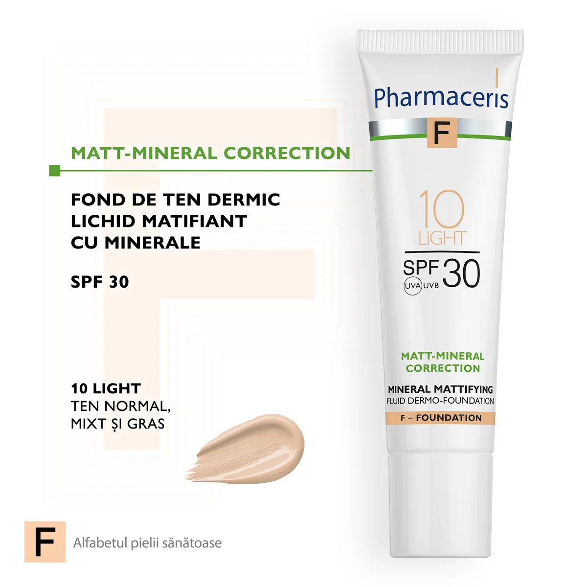 Fond de ten fluid matifiant mineral SPF30 10 Light F, 30ml, Pharmaceris
