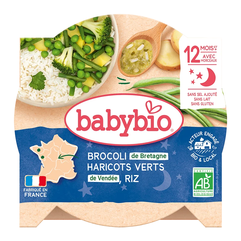 Meniu brocoli, fasole verde si orez Bio, 230g, BabyBio