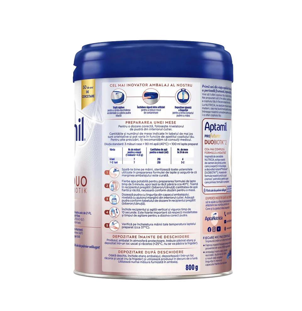 Lapte de continuare pentru copii de pentru 6-12 luni PROfutura DUOBIOTIK 2, 800g, Aptamil