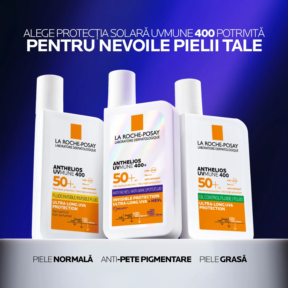 Fluid invizibil cu protectie solara SPF 50+ textura ultra-fluida pentru ten sensibil fara parfum Anthelios UV-Mune 400, 50ml, La Roche-Posay
