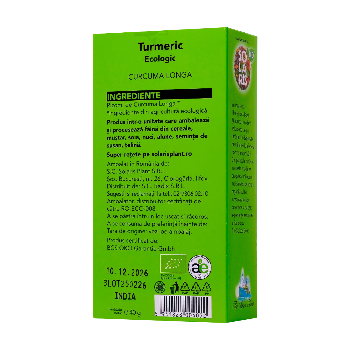 Turmeric macinat Eco The Spices Boat, 40g, Solaris