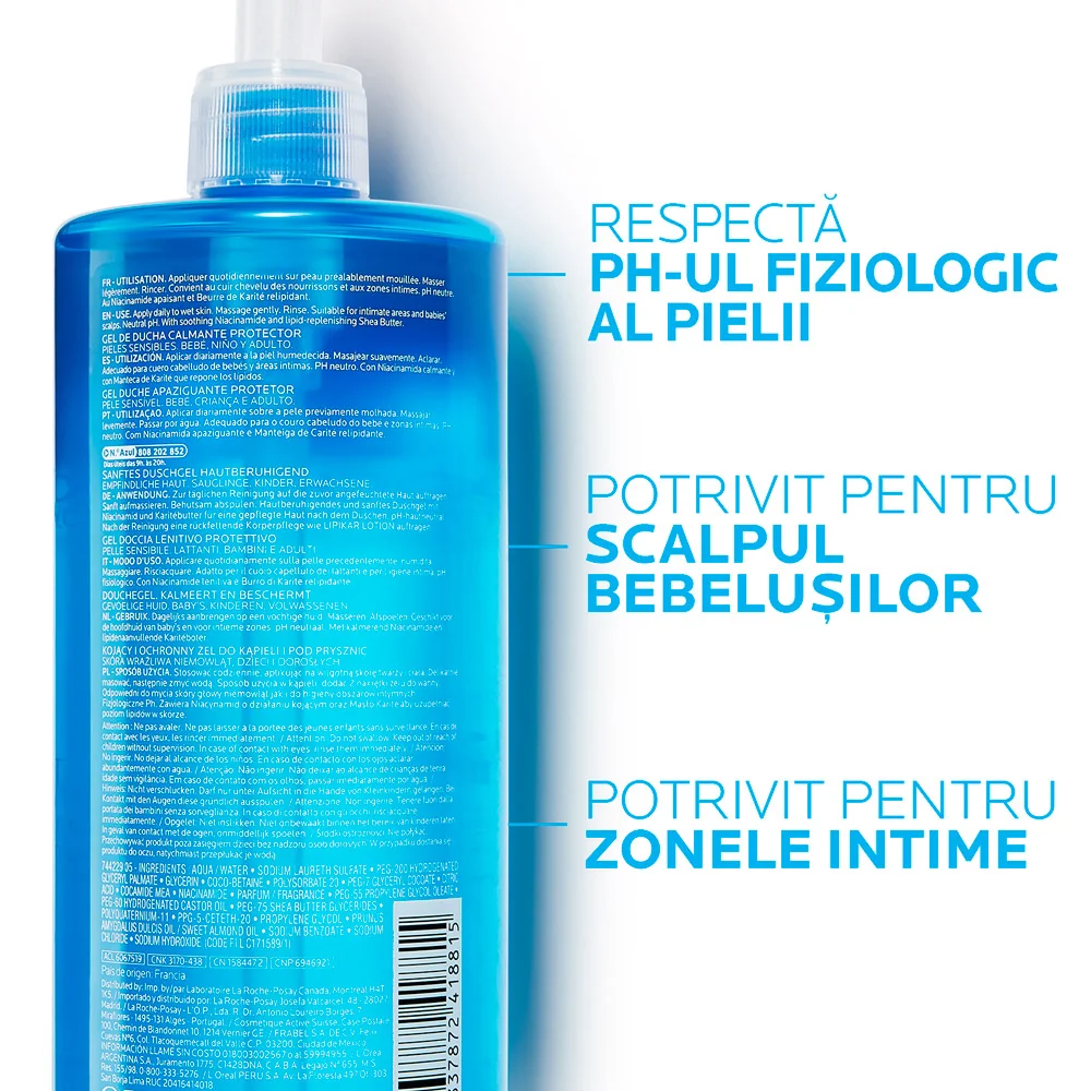 Gel de spalare pentru piele sensibila sau uscata bebelusi copii adulti Lipikar, 750ml, La Roche-Posay